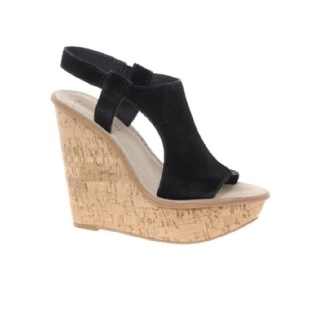 Elizabeth and James Harp Suede Cork Wedge Sandals Black Slingback Size 8.5 B